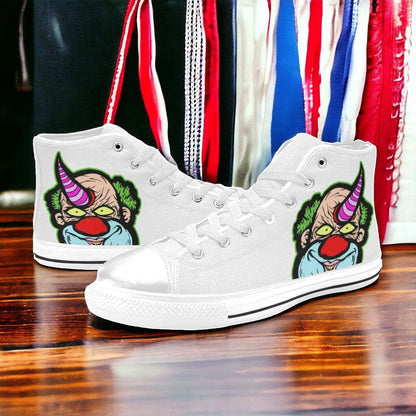 Custom Men's Clown high-top canvas shoes with bold all-over art — Freaky Shoes
