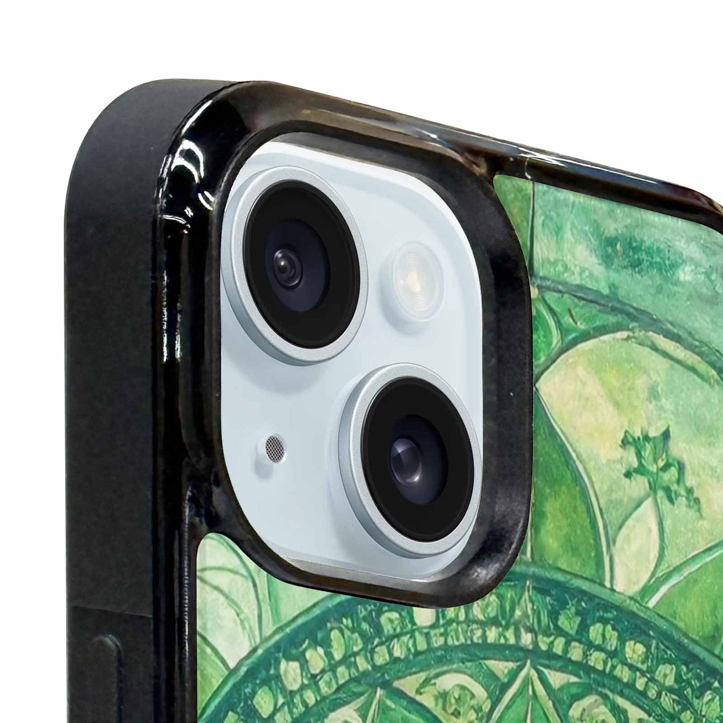 iPhone 15 Plus Case — Green Mandala Bohemian Print Edge To, Custom Art Phone Cover