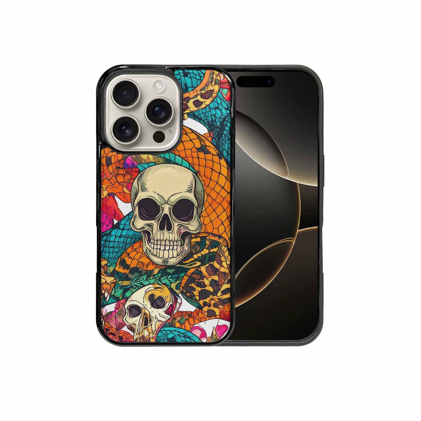 iPhone 16 Pro Case — Snake Print Skull, Custom Art Phone Cover