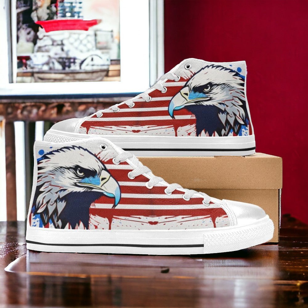 Women's Patriotic Eagle Art hand-made high-top canvas shoes — unique wearable art by Freaky Shoes