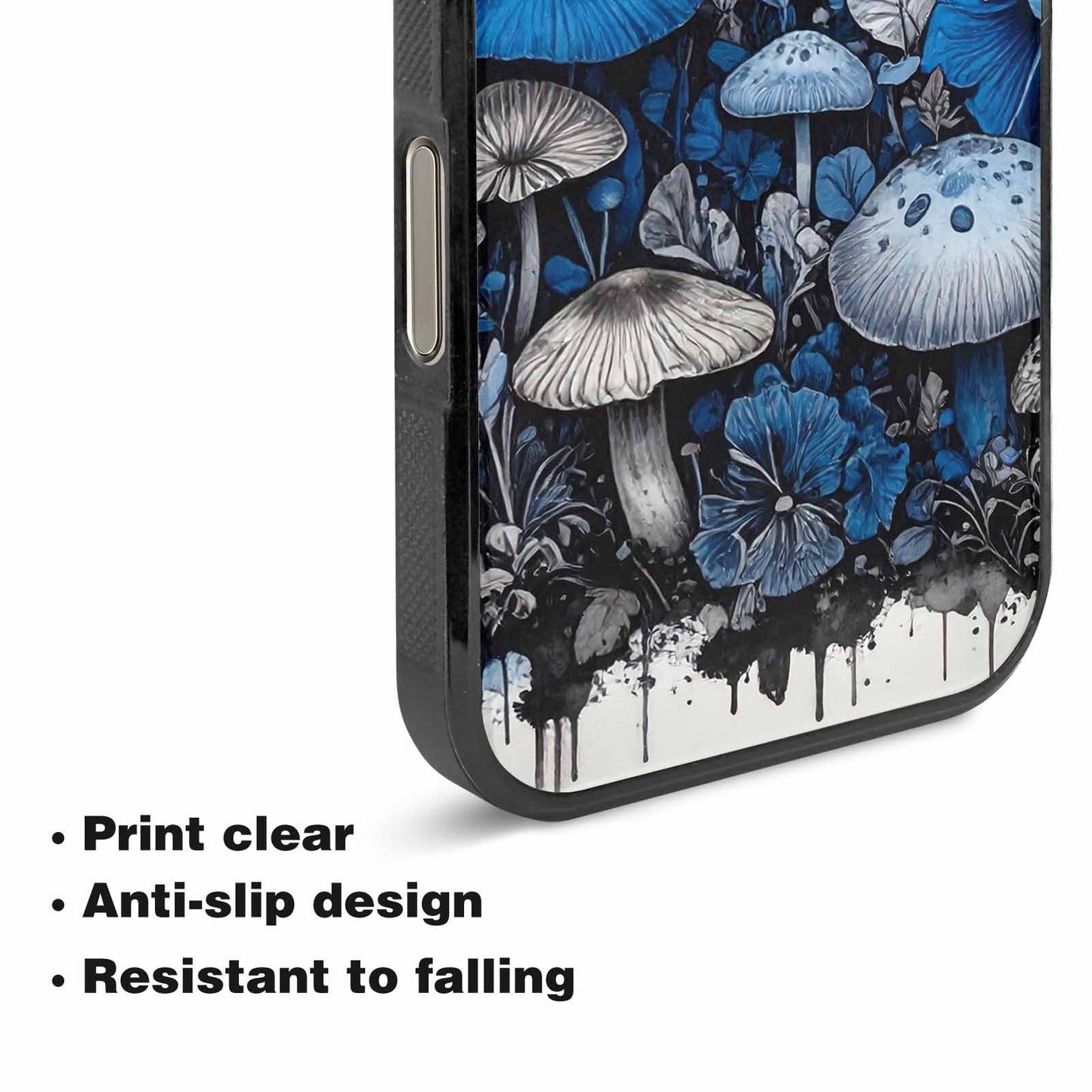 iPhone 16 Pro Case — Mushrooms General Black Blue Ink Mushrooms, Personalized Phone Case