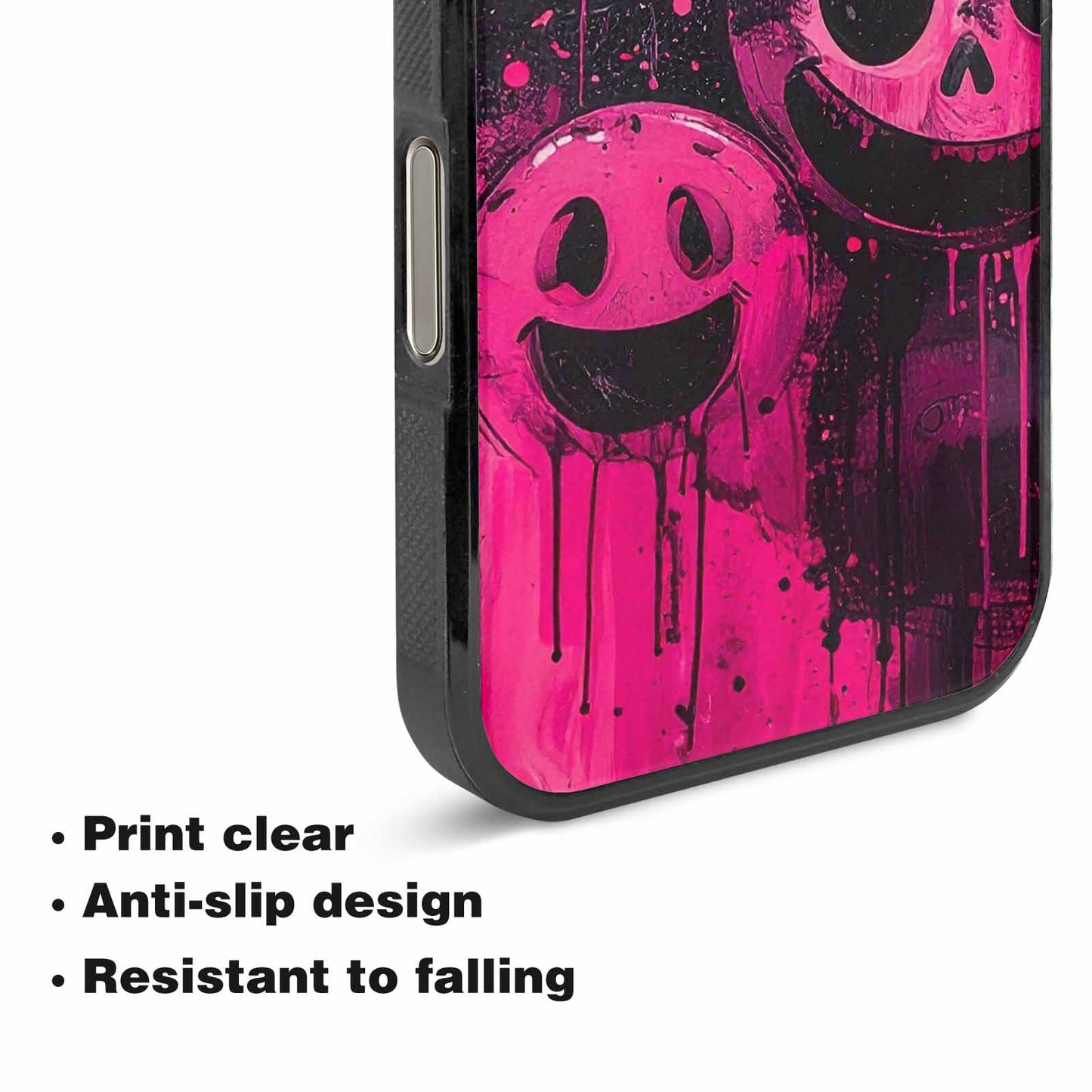 iPhone 16 Pro Max Case — Melting Moon Smiley Black Pink Ink, Custom Phone Case