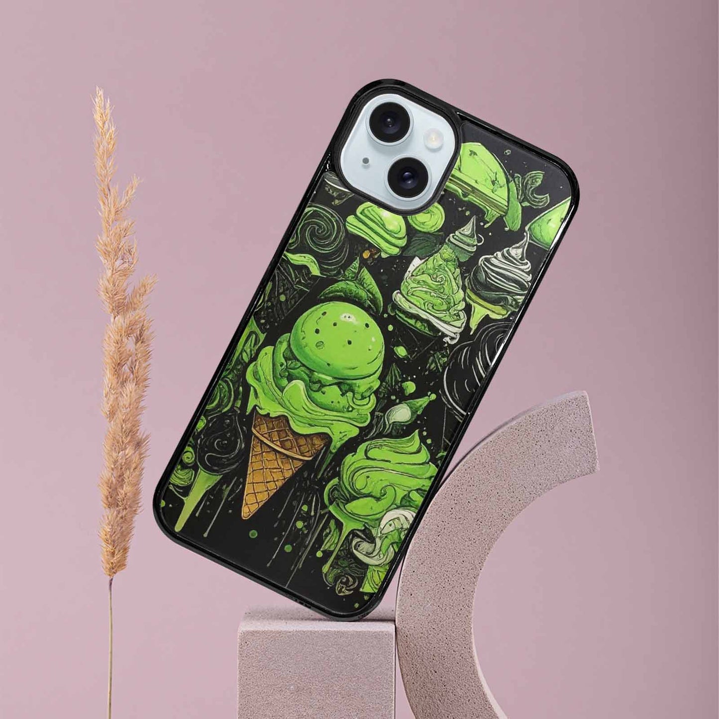 iPhone 15 Plus Case — Ice Cream Motif Black Green Ink, Original Design Phone Case