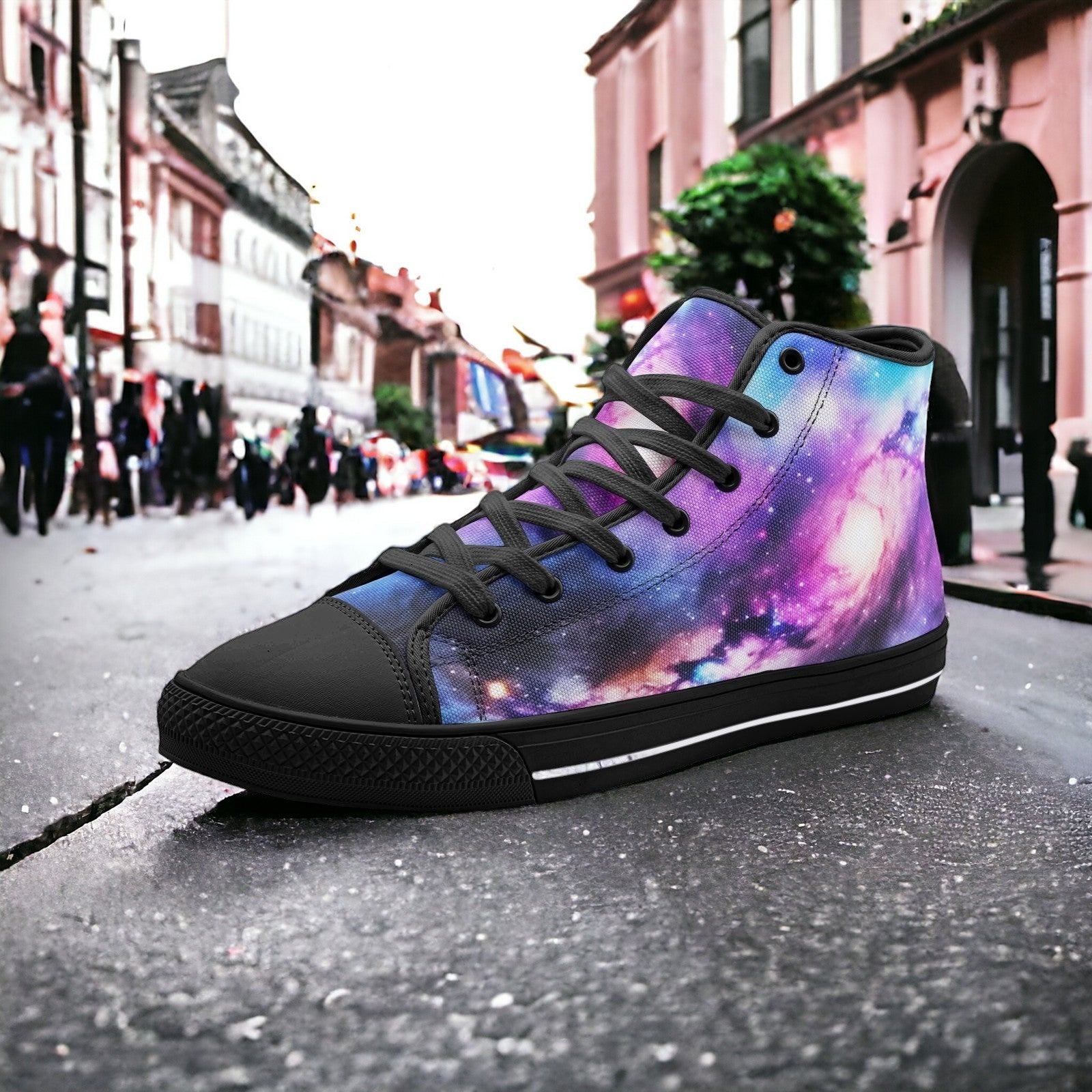 Galaxy Art hand-made high-top canvas shoes — unique wearable art by Freaky Shoes