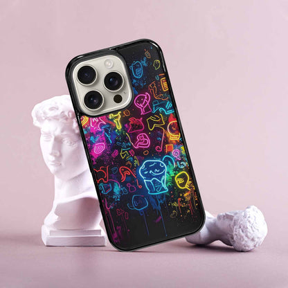 iPhone 16 Pro Case — Neon Glow Outline Icon Pattern Hundreds, Custom Made Phone Cover