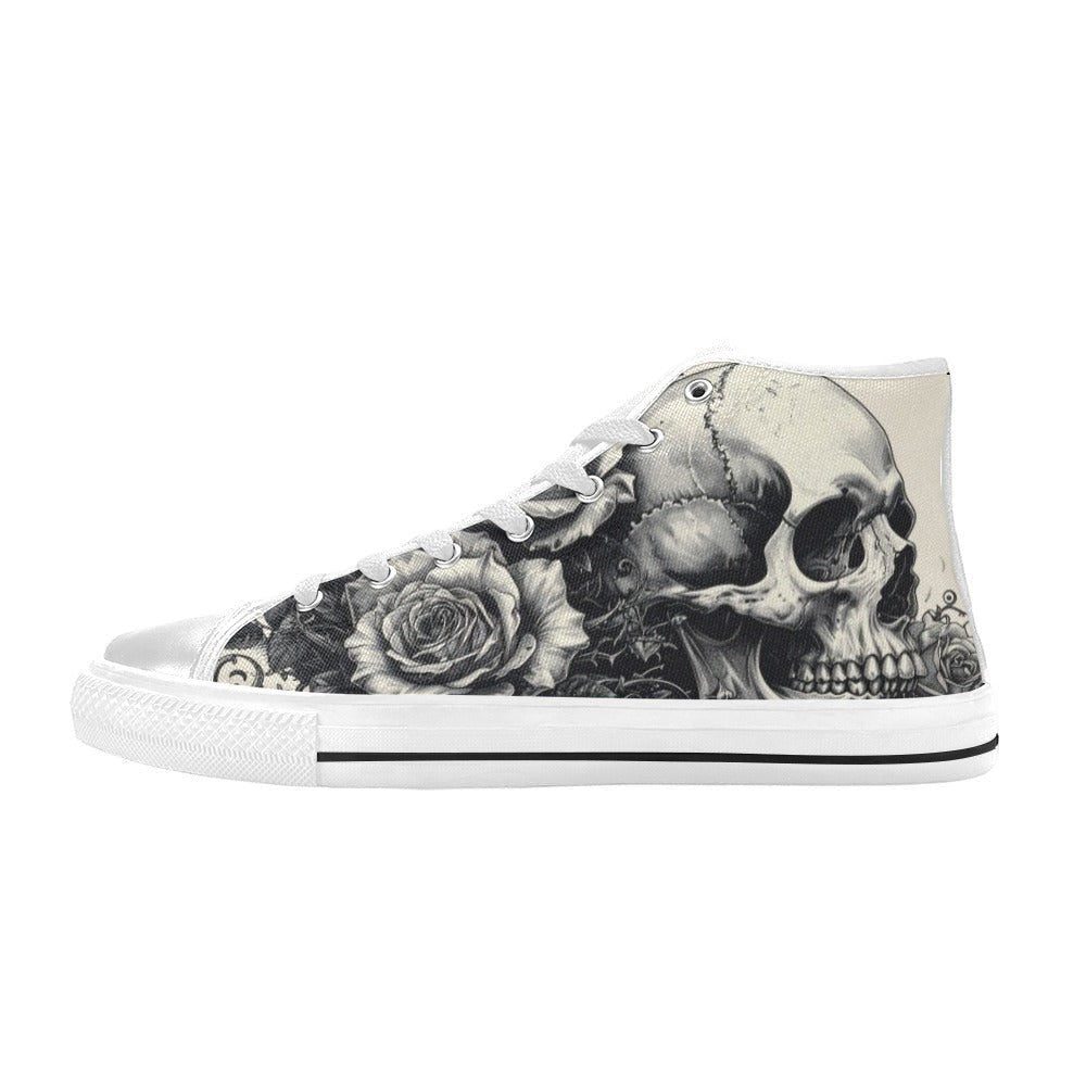 Freaky Shoes custom art sneaker with skull and rose design, made to order wearable art