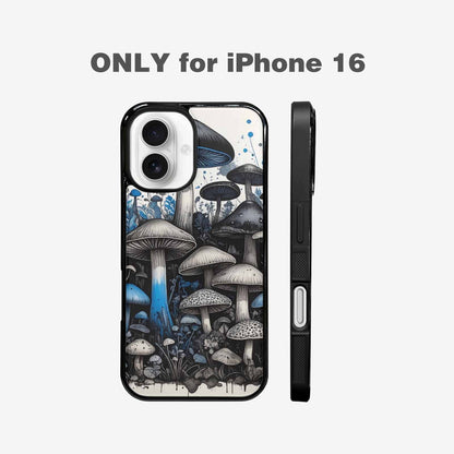 iPhone 16 Case — Mushrooms General Black Blue Ink Mushrooms, Customized Protective Case