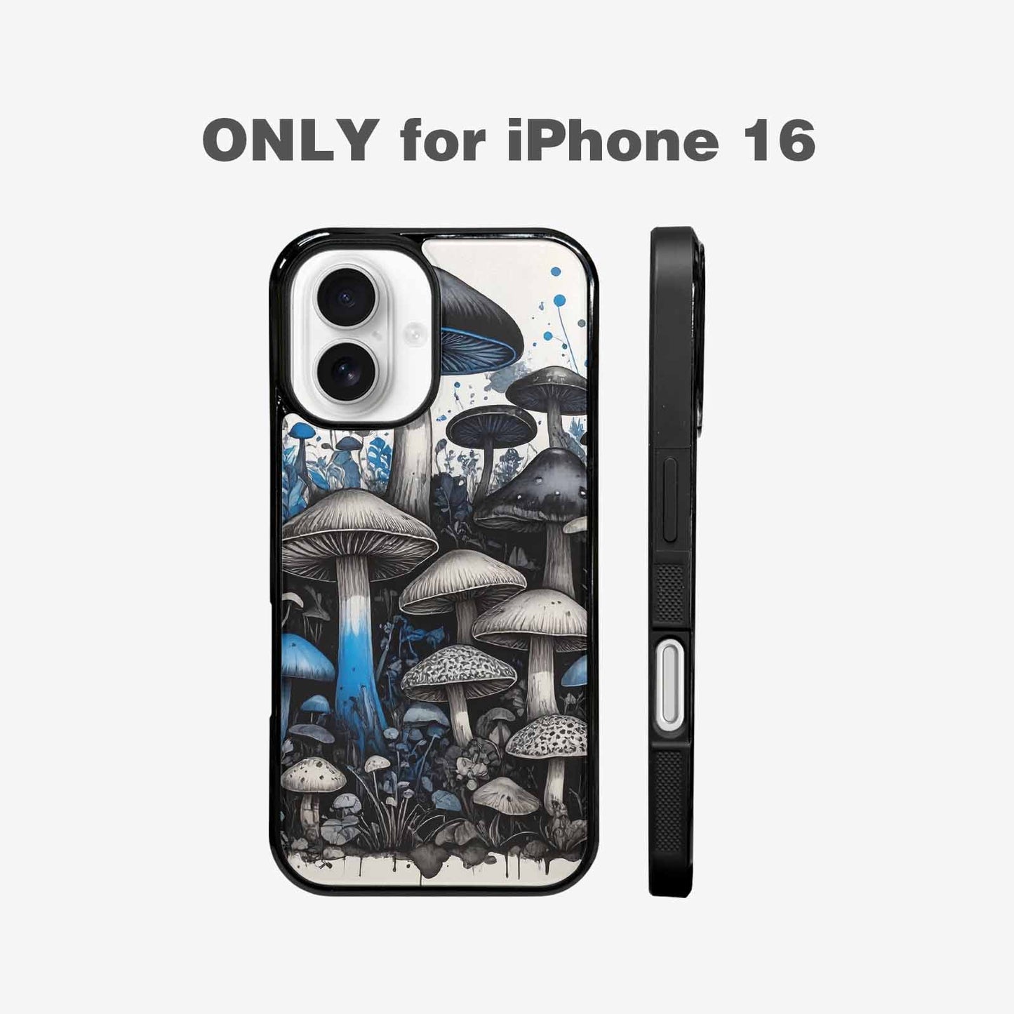 iPhone 16 Case — Mushrooms General Black Blue Ink Mushrooms, Custom Print Case Cover