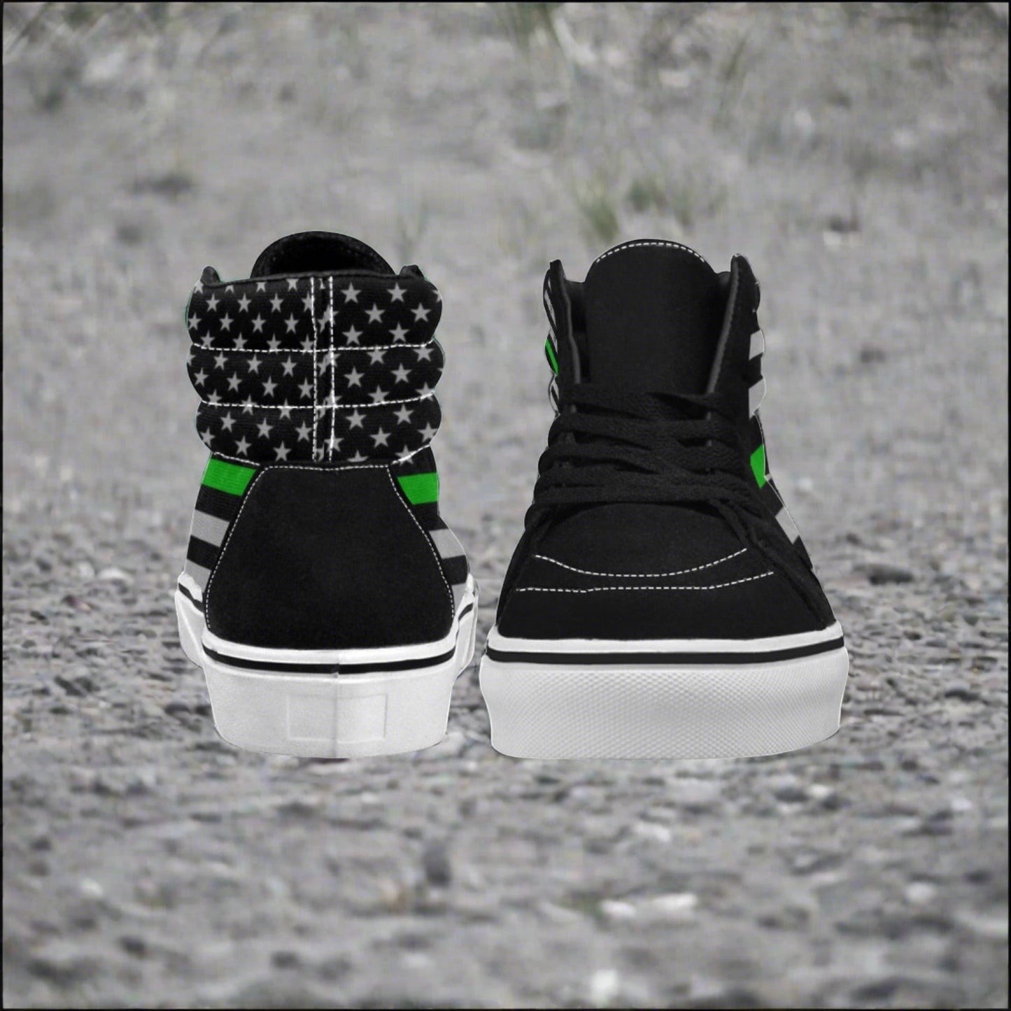 Custom Women's Thin Green Line Flag Themed Sneakers1 high-top canvas shoes with bold all-over art — Freaky Shoes