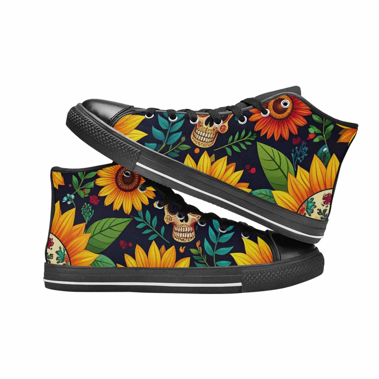 WOMEN'S Sunflowers And Skulls High Top Canvas Grunge Custom Shoes