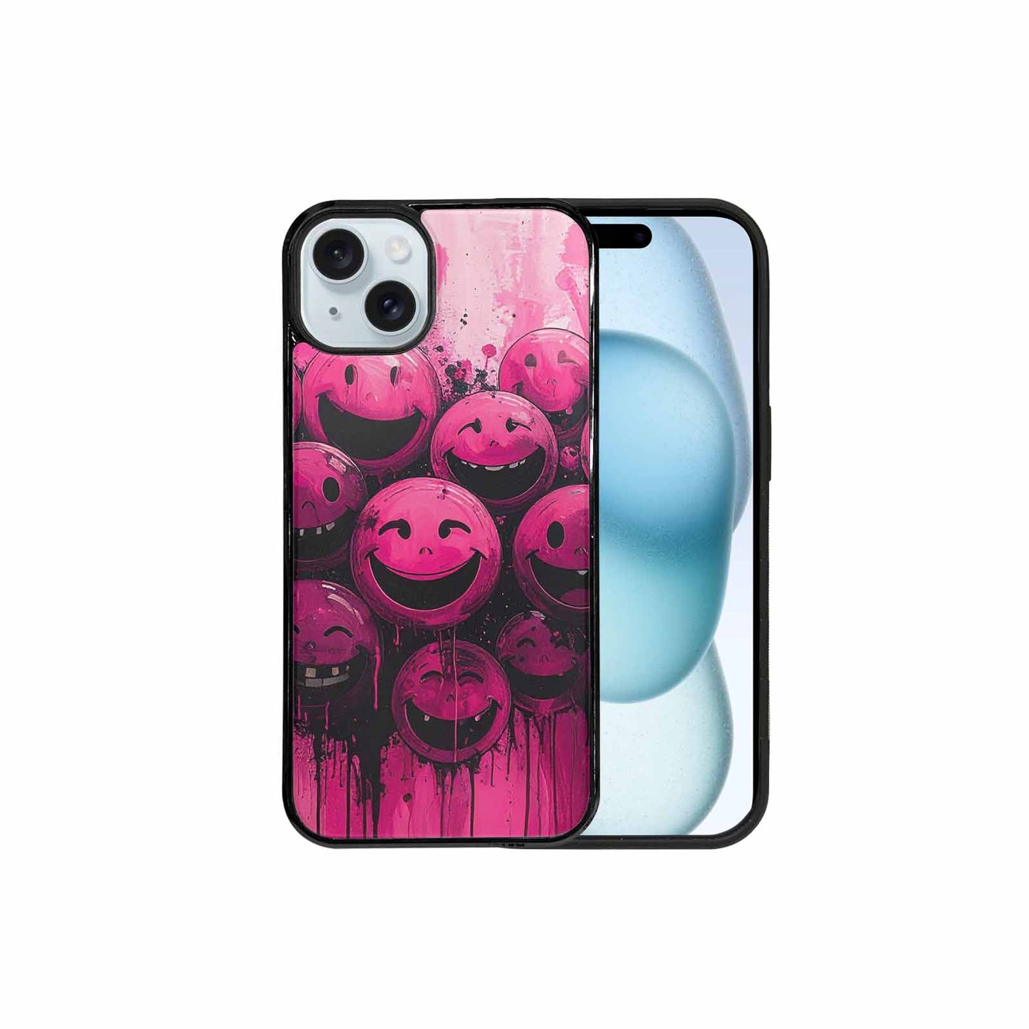 iPhone 15 Plus Case — Melting Moon Smiley Black Pink Ink, Unique Phone Case Design