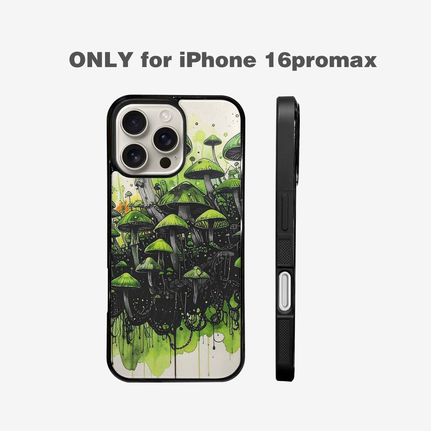 iPhone 16 Pro Max Case — Rainbow Drip Mushrooms Black Green Ink, Custom Phone Case