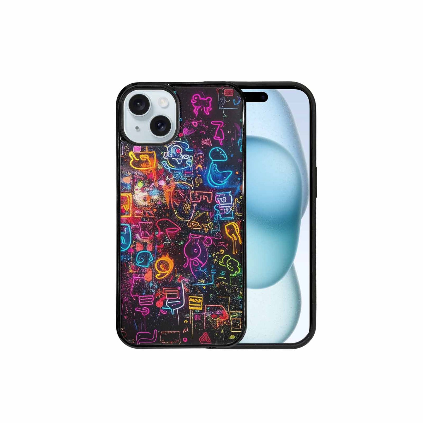 iPhone 15 Plus Case — Neon Glow Outline Icon Pattern Hundreds, Custom Made Phone Cover