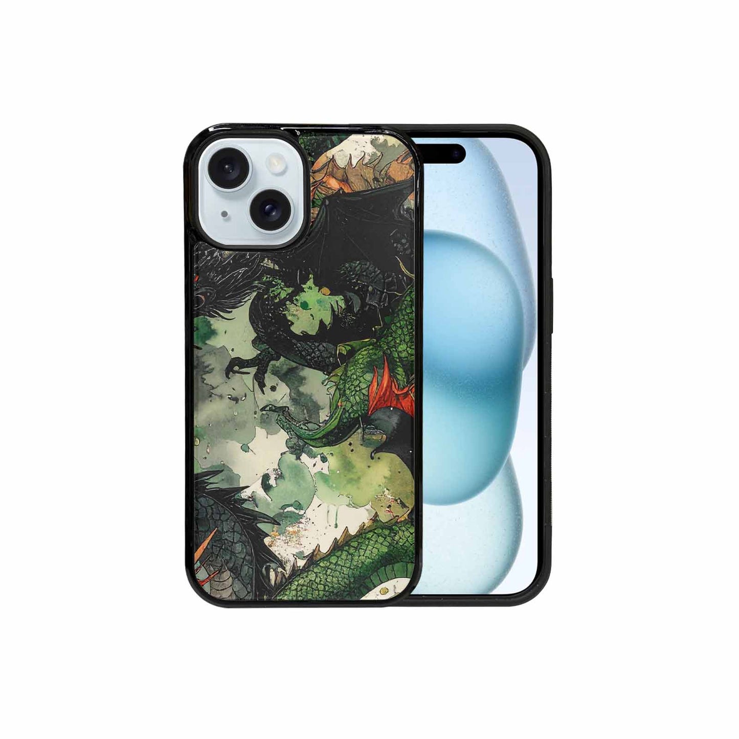 iPhone 15 Case — Dragon Scale Black Green Ink Dragons, Custom Print Case Cover