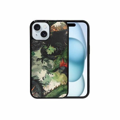 iPhone 15 Case — Dragon Scale Black Green Ink Dragons, Custom Print Case Cover