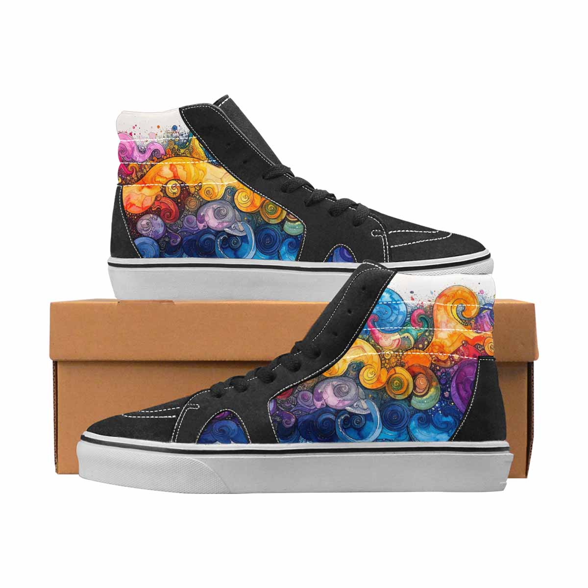 WOMEN'S Tie Dye Black & Blue Ink High Top Canvas Custom Fashion Wallpaper Art Shoes