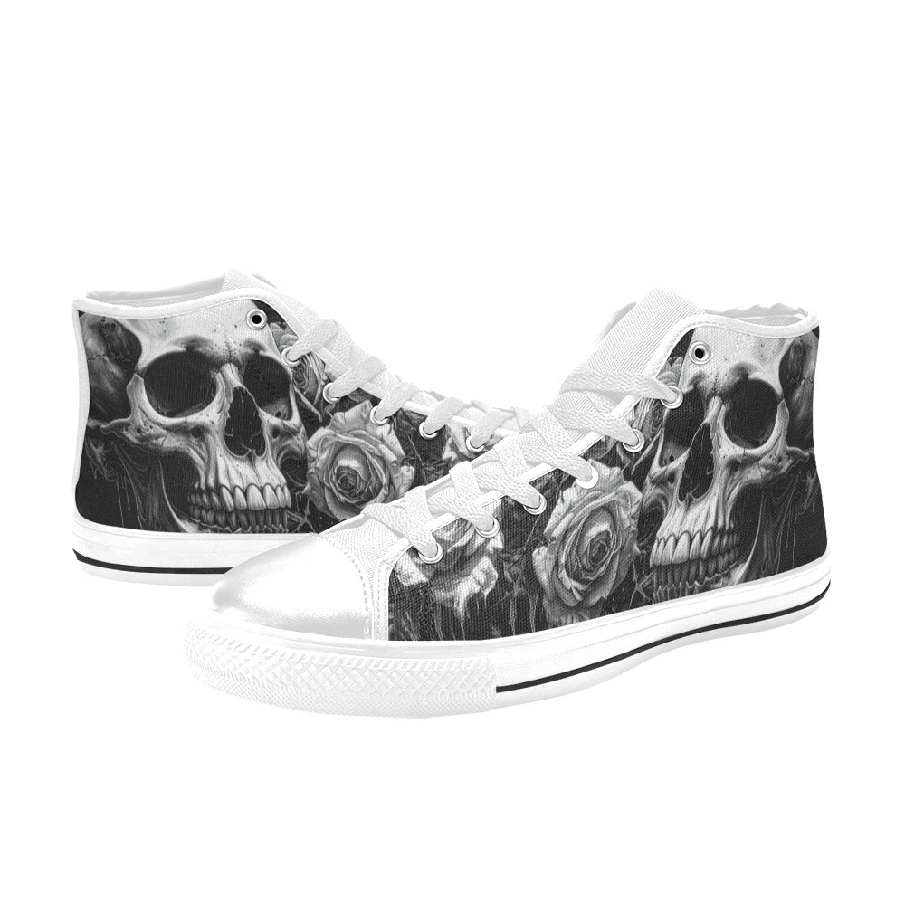 Grey Skull & Dark Rose Women's Gothic High Top Canvas Shoes | Freaky Shoes®