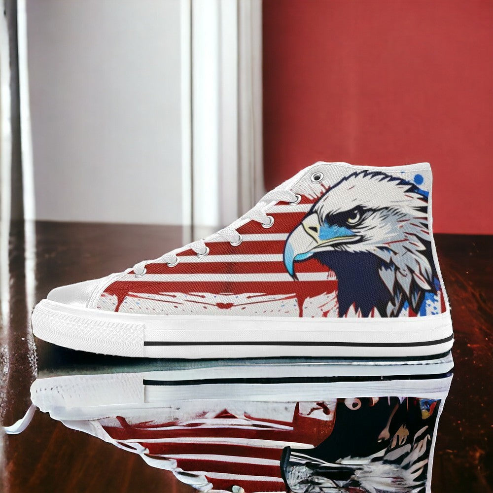 Custom Men's Patriotic Eagle Art high-top canvas shoes with bold all-over art — Freaky Shoes