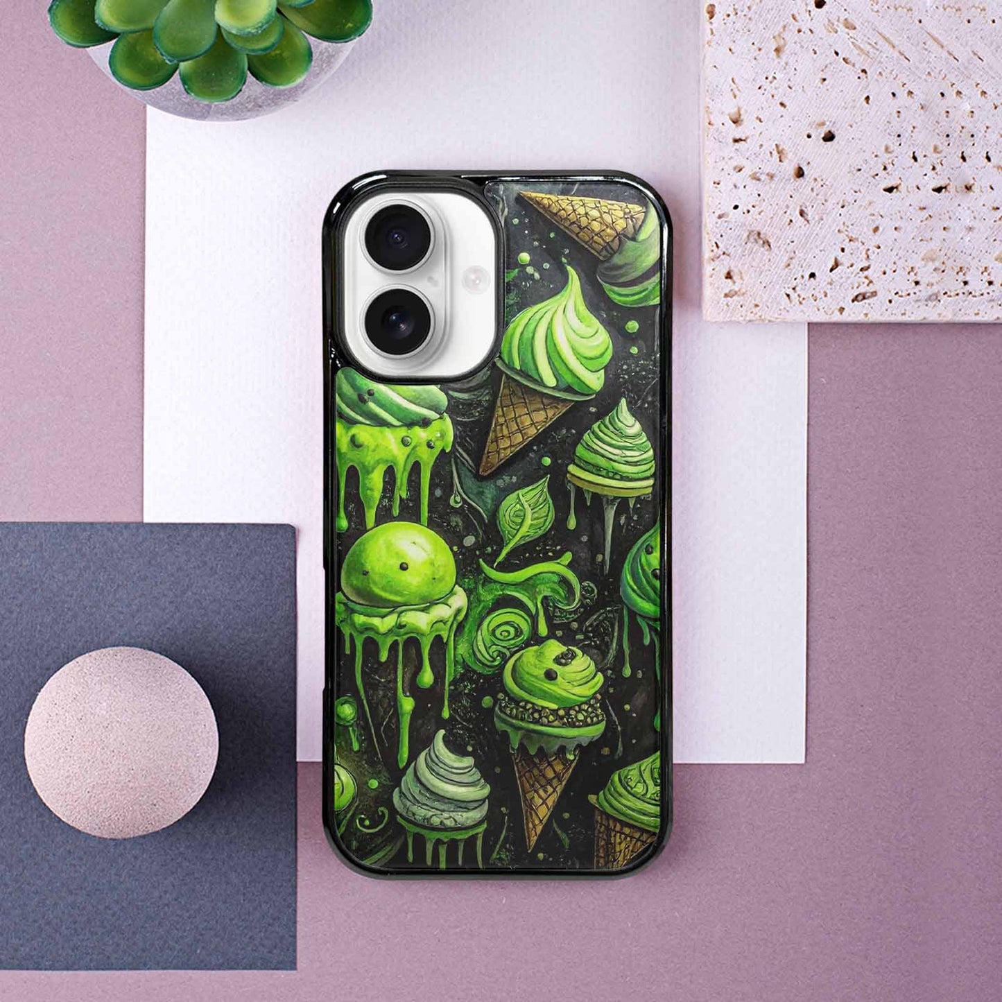iPhone 16 Case — Ice Cream Motif Black Green Ink, Personalized Phone Case