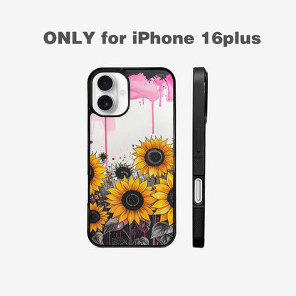 iPhone 16 Plus Case — Sunflower Burst Black Pink Ink Sunflowers, Custom Art Phone Cover