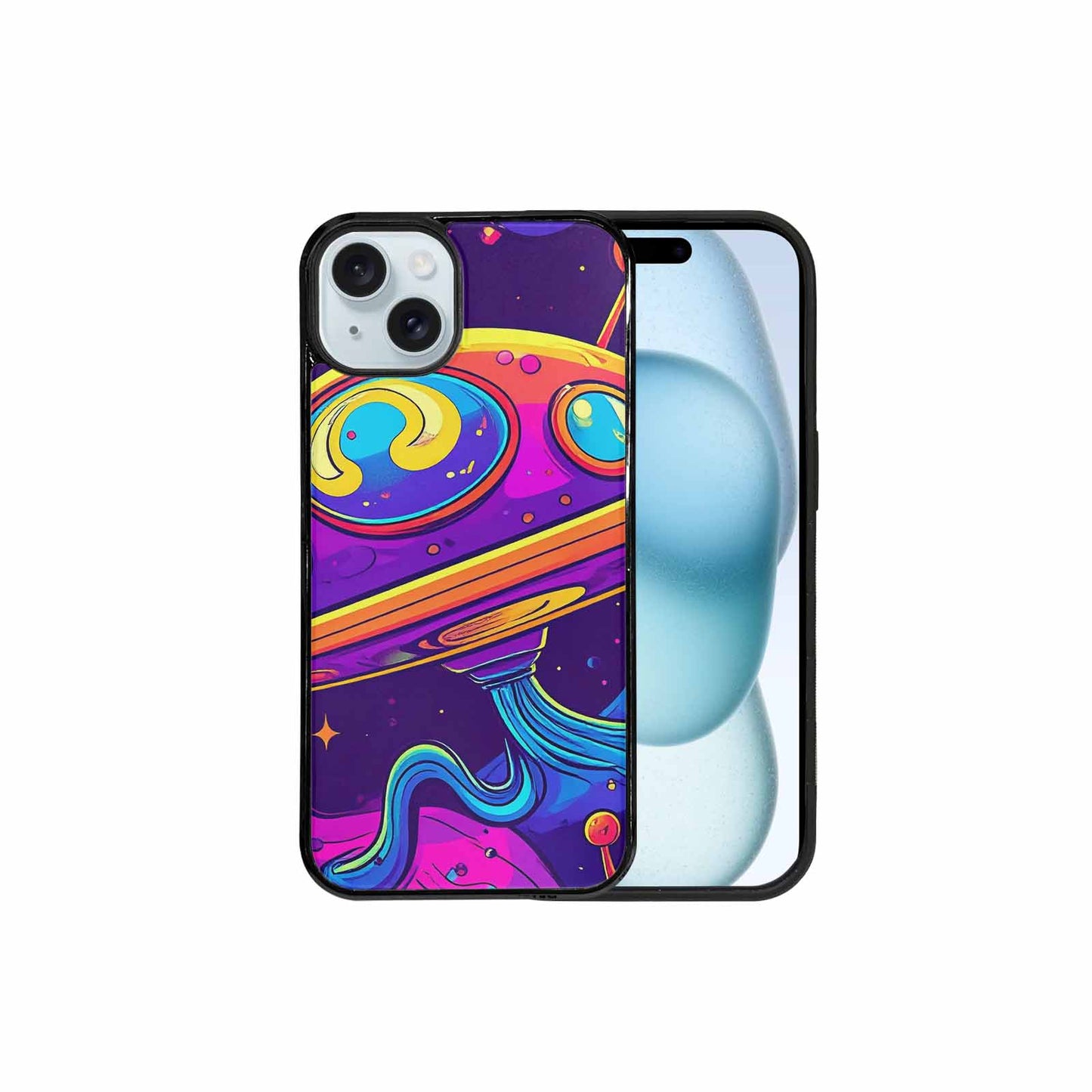 iPhone 15 Plus Case — Alien Ufo Cartoon Art Pattern Groovy, Custom Designed Case Cover