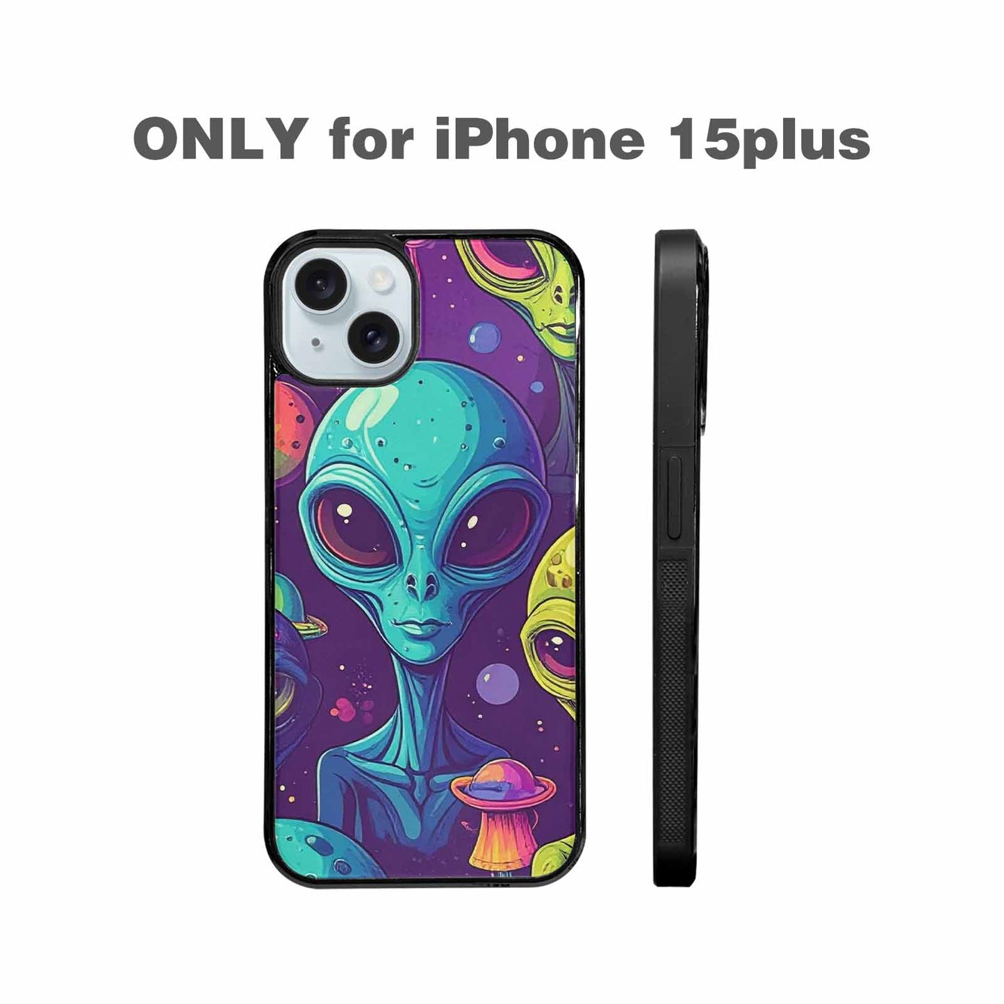 iPhone 15 Plus Case — Alien Ufo Cartoon Art Pattern Groovy, Custom Printed Phone Case