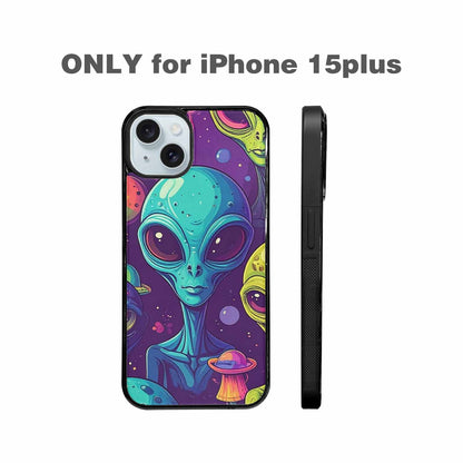 iPhone 15 Plus Case — Alien Ufo Cartoon Art Pattern Groovy, Custom Printed Phone Case