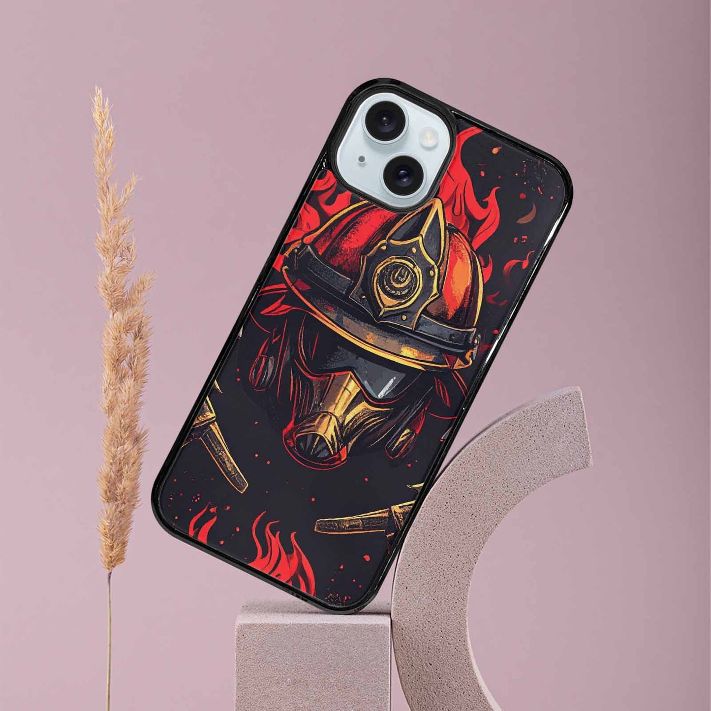 iPhone 15 Plus Case — Firefighter Pattern Flames Axes Helmets Seamless, Custom Print Case Cover
