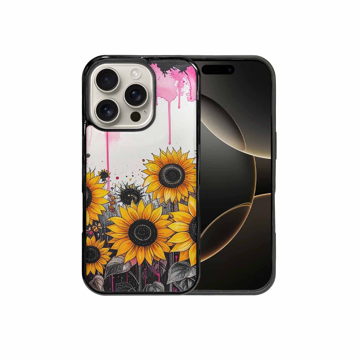 iPhone 16 Pro Case — Sunflower Burst Black Pink Ink Sunflowers, Original Design Phone Case