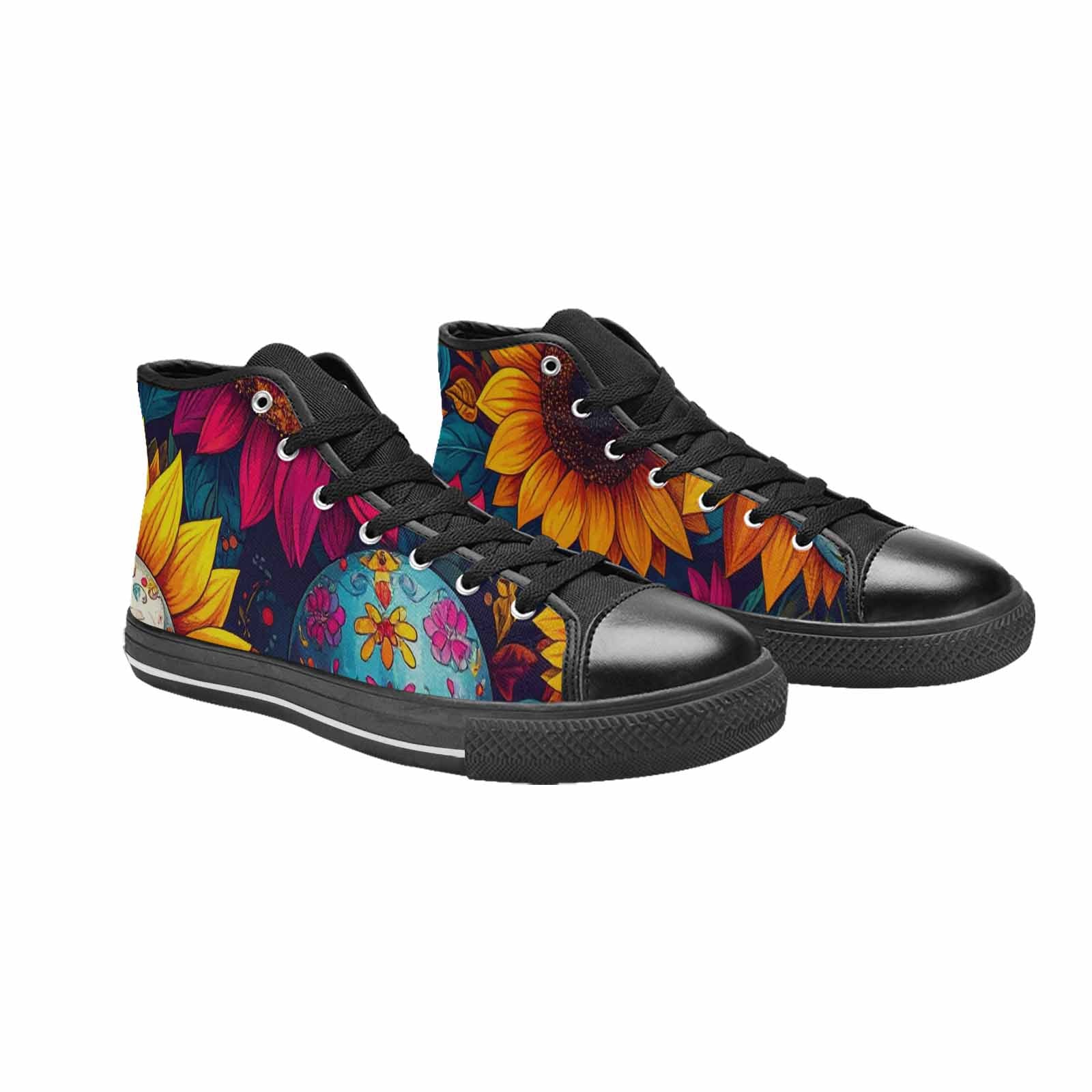 WOMEN'S Sunflower Skulls Print High Top Canvas Wallpaper Art Sneakers