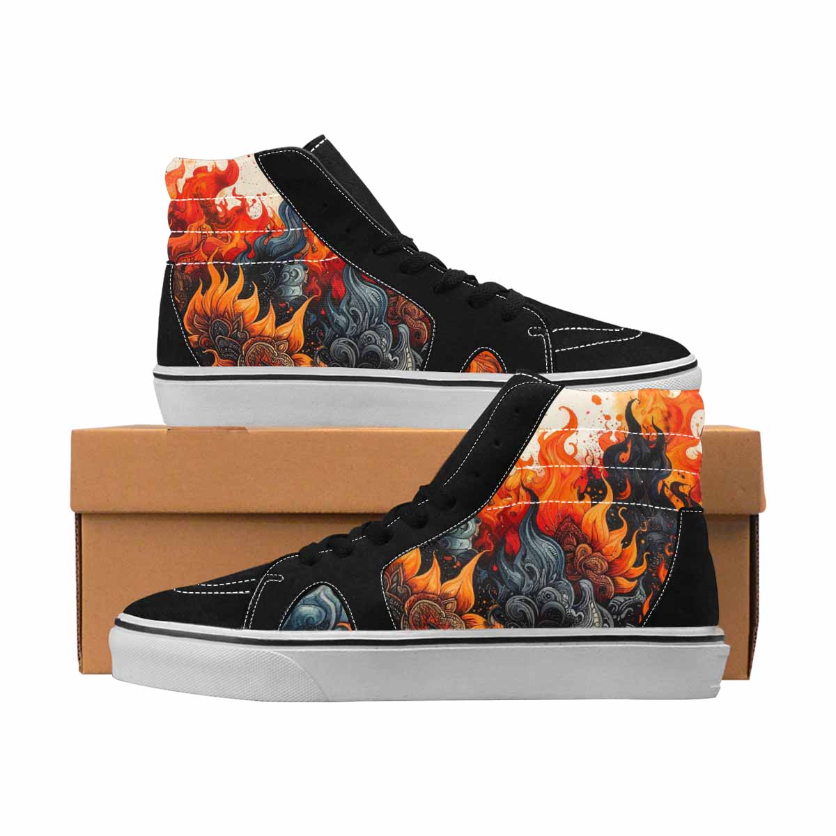 MEN'S Flames Black & Red Ink High Top Canvas Graphic Print Neon Fantasy Custom Canvas Shoes