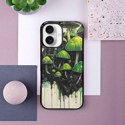 iPhone 16 Case — Rainbow Drip Mushrooms Black Green Ink, Customized Protective Case