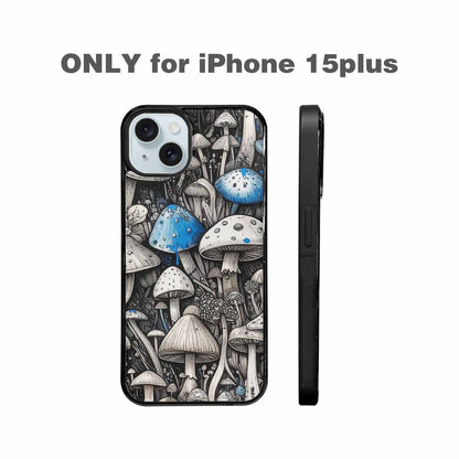 iPhone 15 Plus Case — Mushrooms General Black Blue Ink Mushrooms, Custom Printed Phone Case