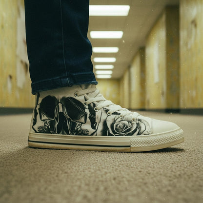 Men's Grey Skull & Roses Black & White high-top canvas shoes, custom full-wrap printed design — Freaky Shoes