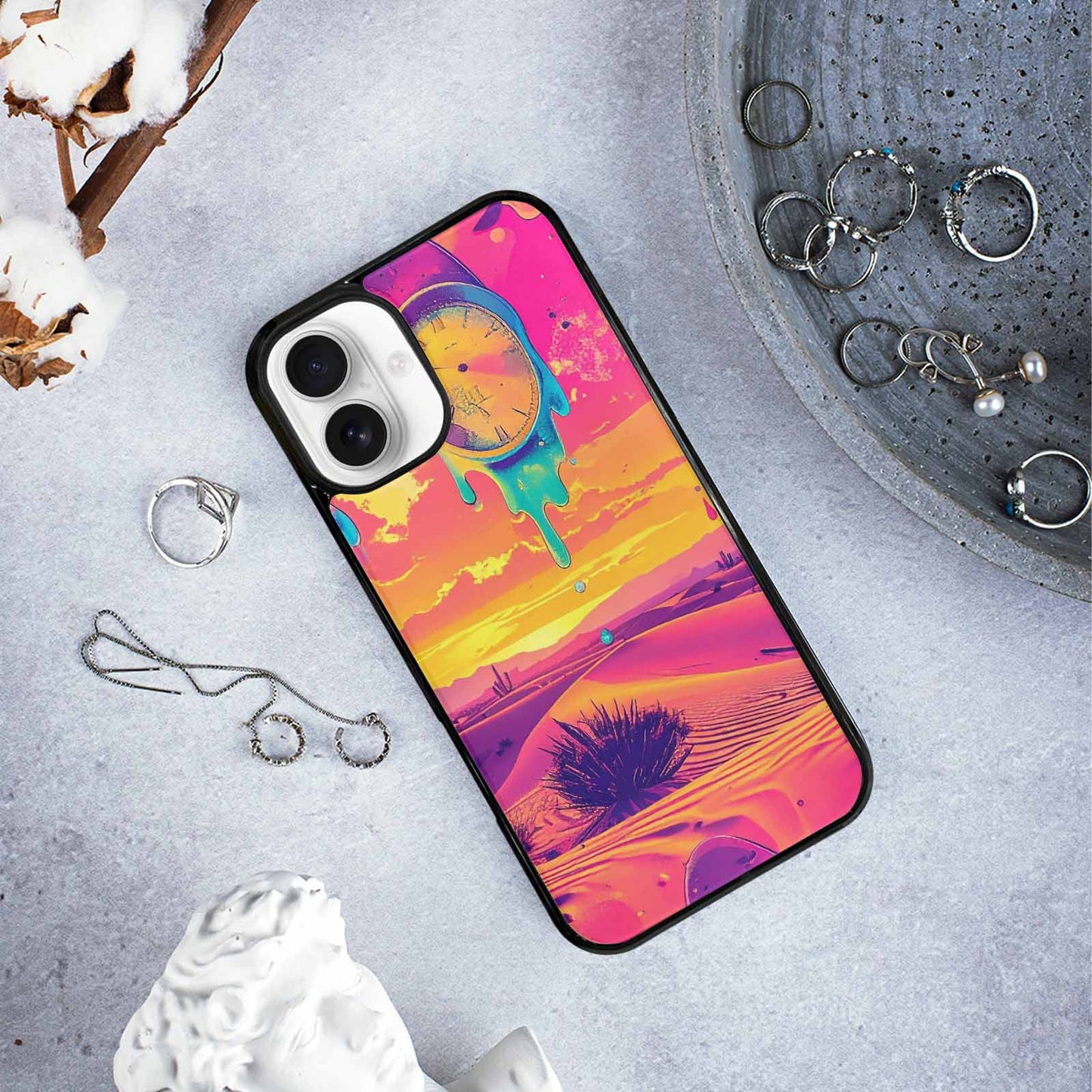 iPhone 16 Plus Case — Surrealist Dreamscape Pattern Melting Clocks Desert, Custom Phone Case