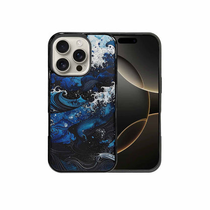 iPhone 16 Pro Case — Nautical Wave Black Blue Ink Wave, Original Design Phone Case