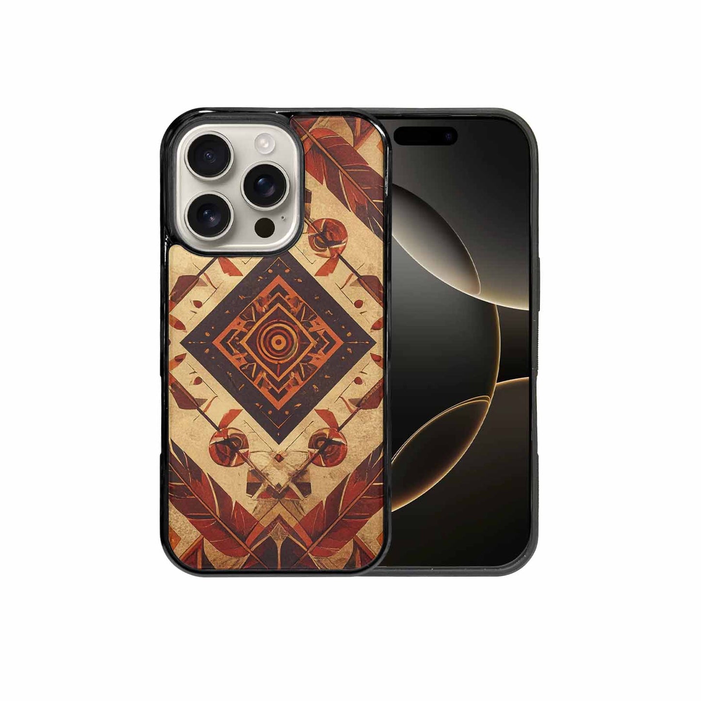 iPhone 16 Pro Case — Native American Geometric Pattern Arrows Feathers, Custom Printed Phone Case