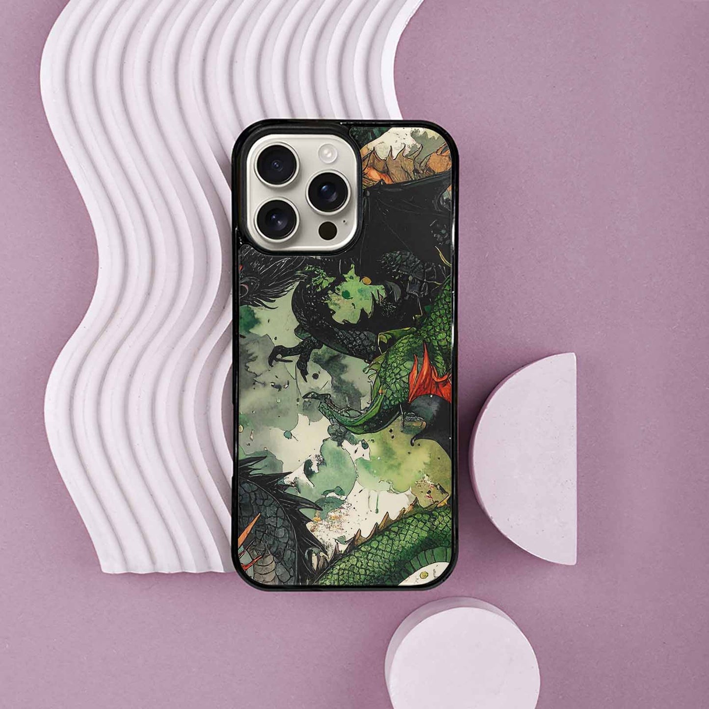 iPhone 16 Pro Max Case — Dragon Scale Black Green Ink Dragons, Unique Phone Case Design