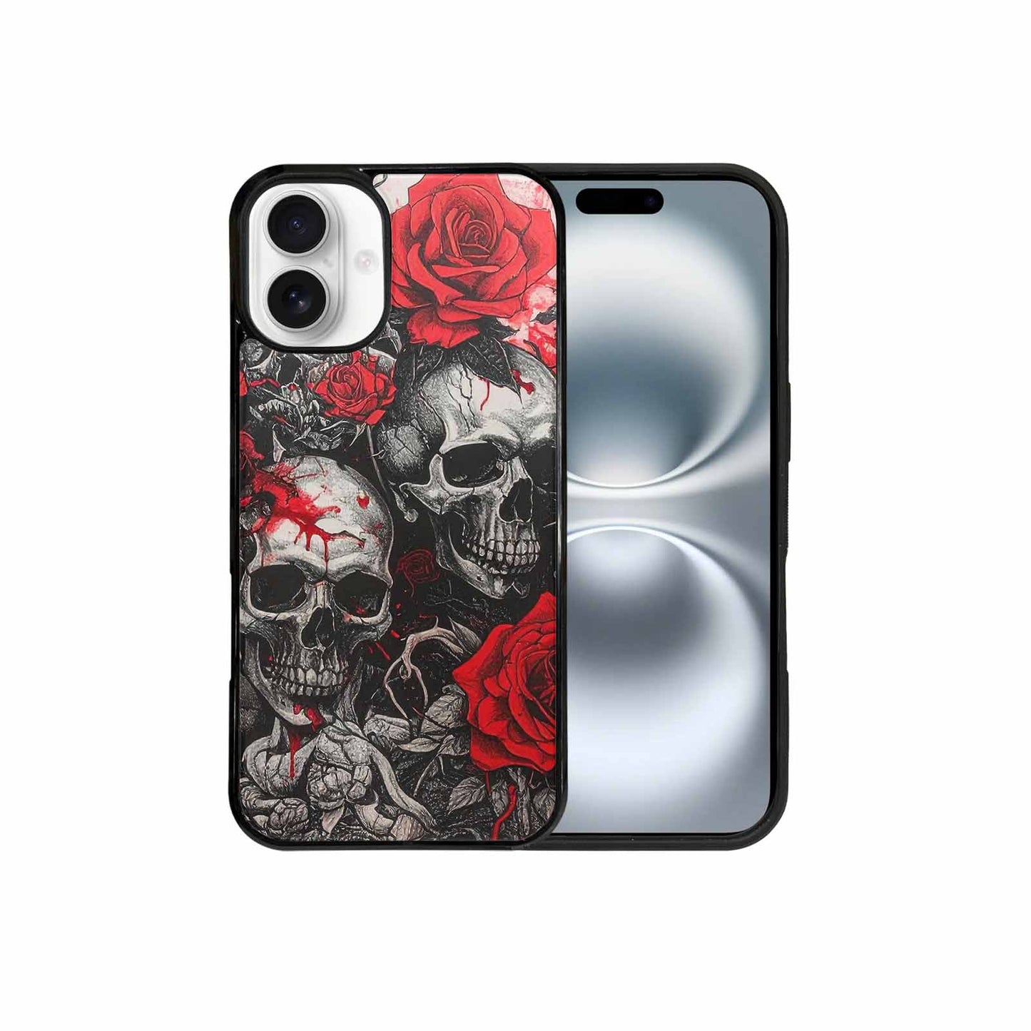 iPhone 16 Plus Case — Skull And Roses Black Red Ink, Custom Designed Case Cover