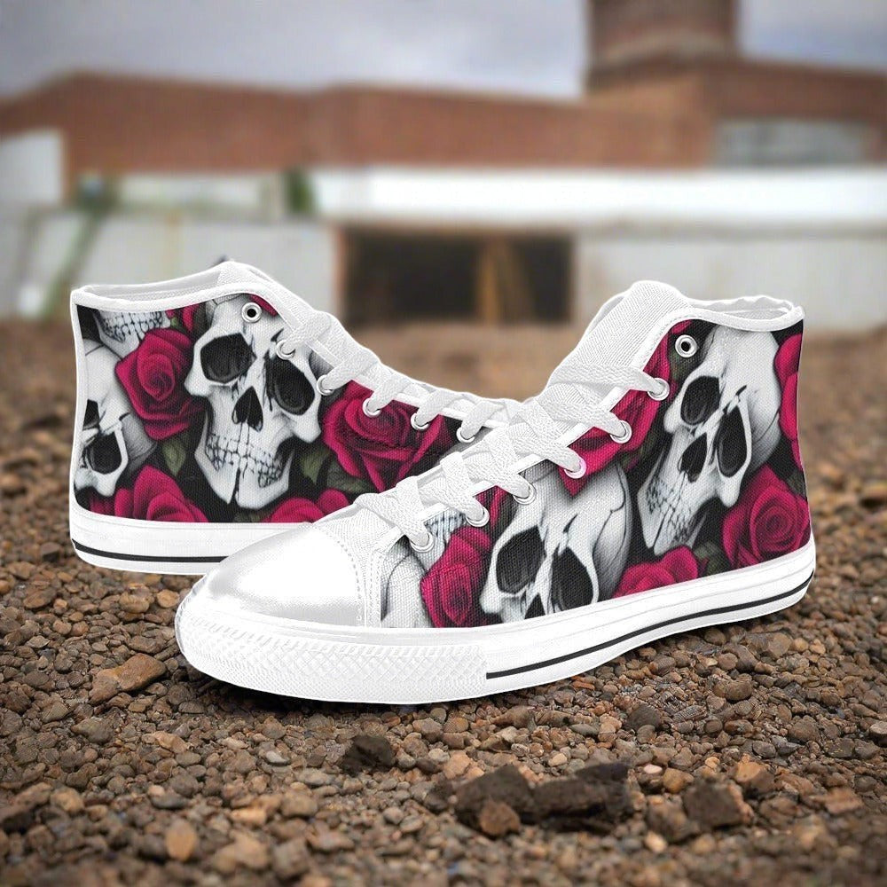 Men's Skulls & Roses high-top canvas shoes, custom full-wrap printed design — Freaky Shoes
