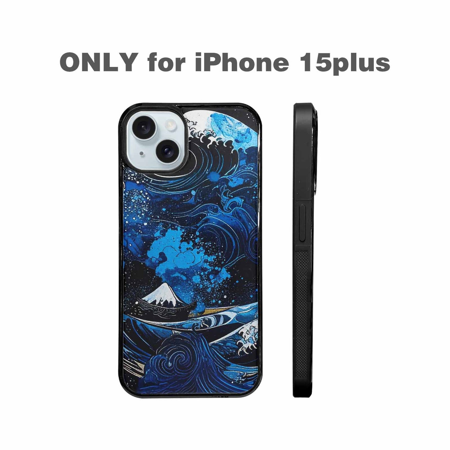iPhone 15 Plus Case — Nautical Wave Black Blue Ink Wave, Custom Phone Case