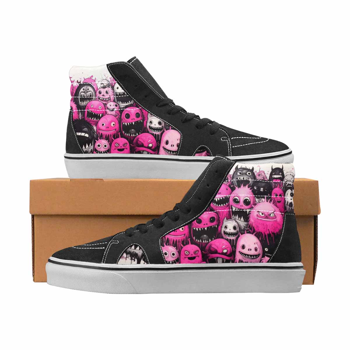 WOMEN'S Monsters Black & Pink Ink High Top Canvas Wearable Art Aesthetic Shoes