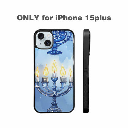 iPhone 15 Plus Case — Hanukkah Menorah Pattern Seamless Repeat Jewish, Original Design Phone Case
