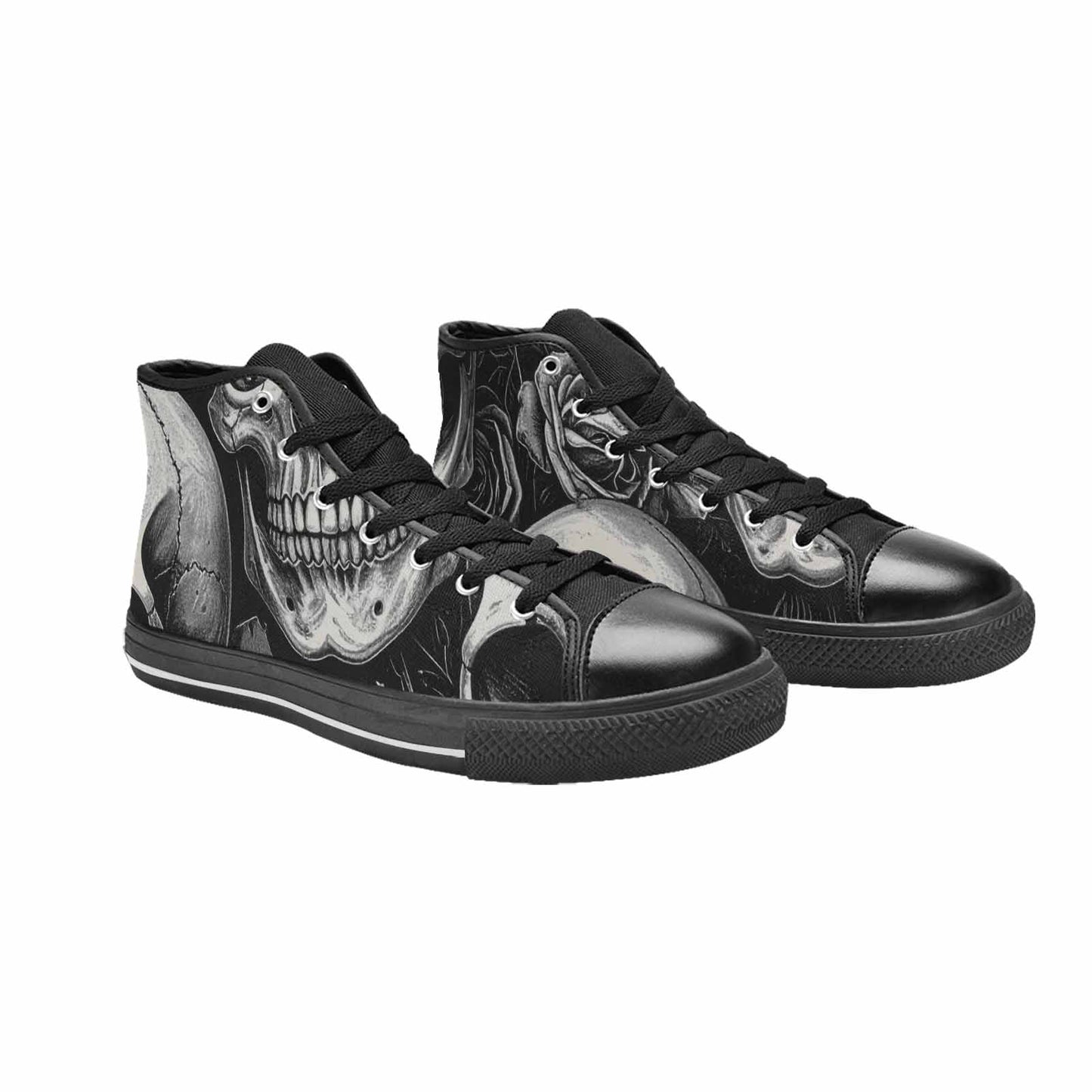 WOMEN'S Skulls Roses Black Ink High Top Canvas Cottagecore Sneakers