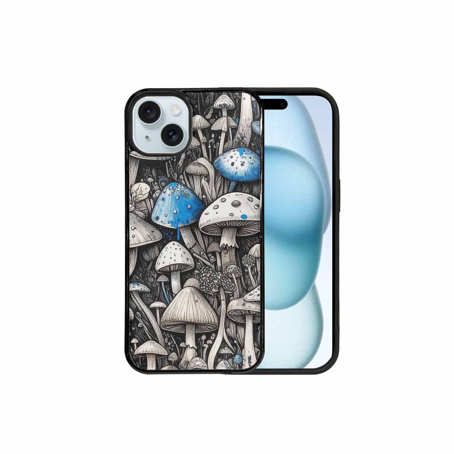 iPhone 15 Plus Case — Mushrooms General Black Blue Ink Mushrooms, Custom Printed Phone Case