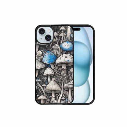 iPhone 15 Plus Case — Mushrooms General Black Blue Ink Mushrooms, Custom Printed Phone Case