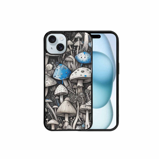 iPhone 15 Plus Case — Mushrooms General Black Blue Ink Mushrooms, Custom Printed Phone Case