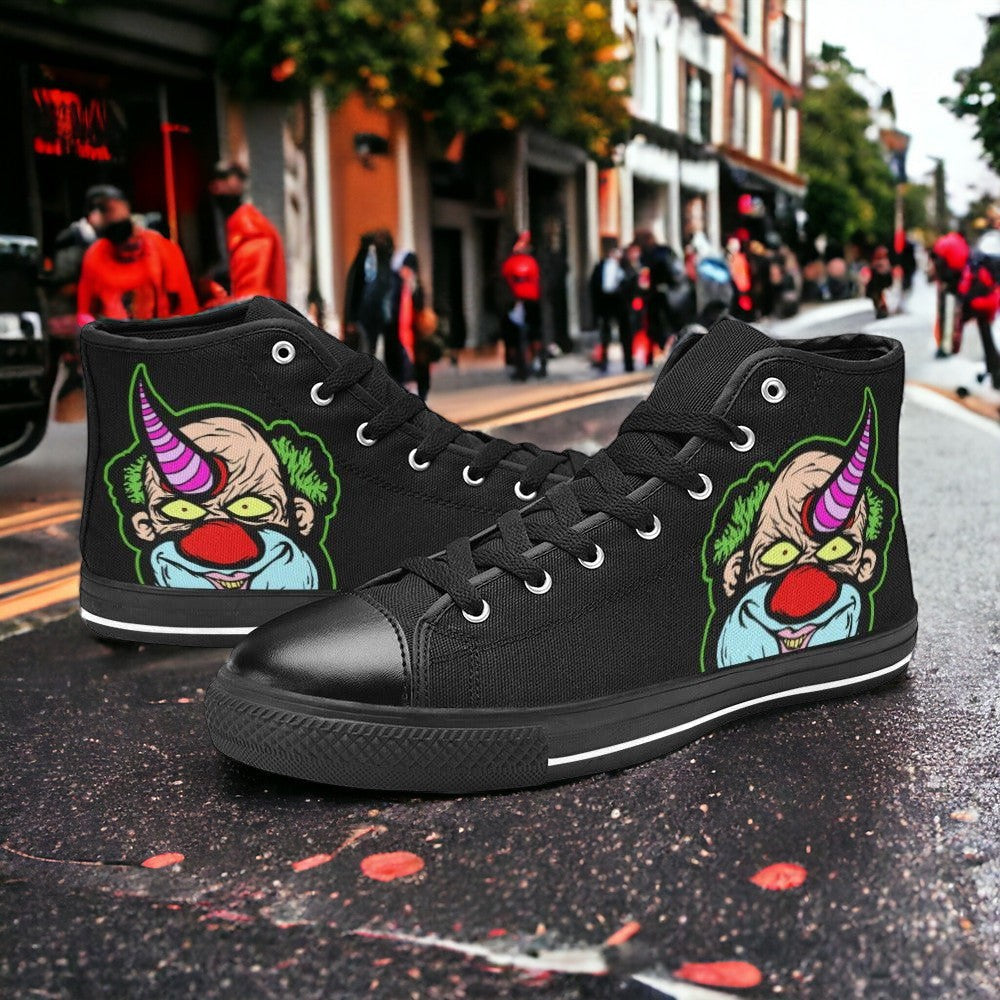 Men's Clown custom high-top canvas shoes — wearable art by Freaky Shoes