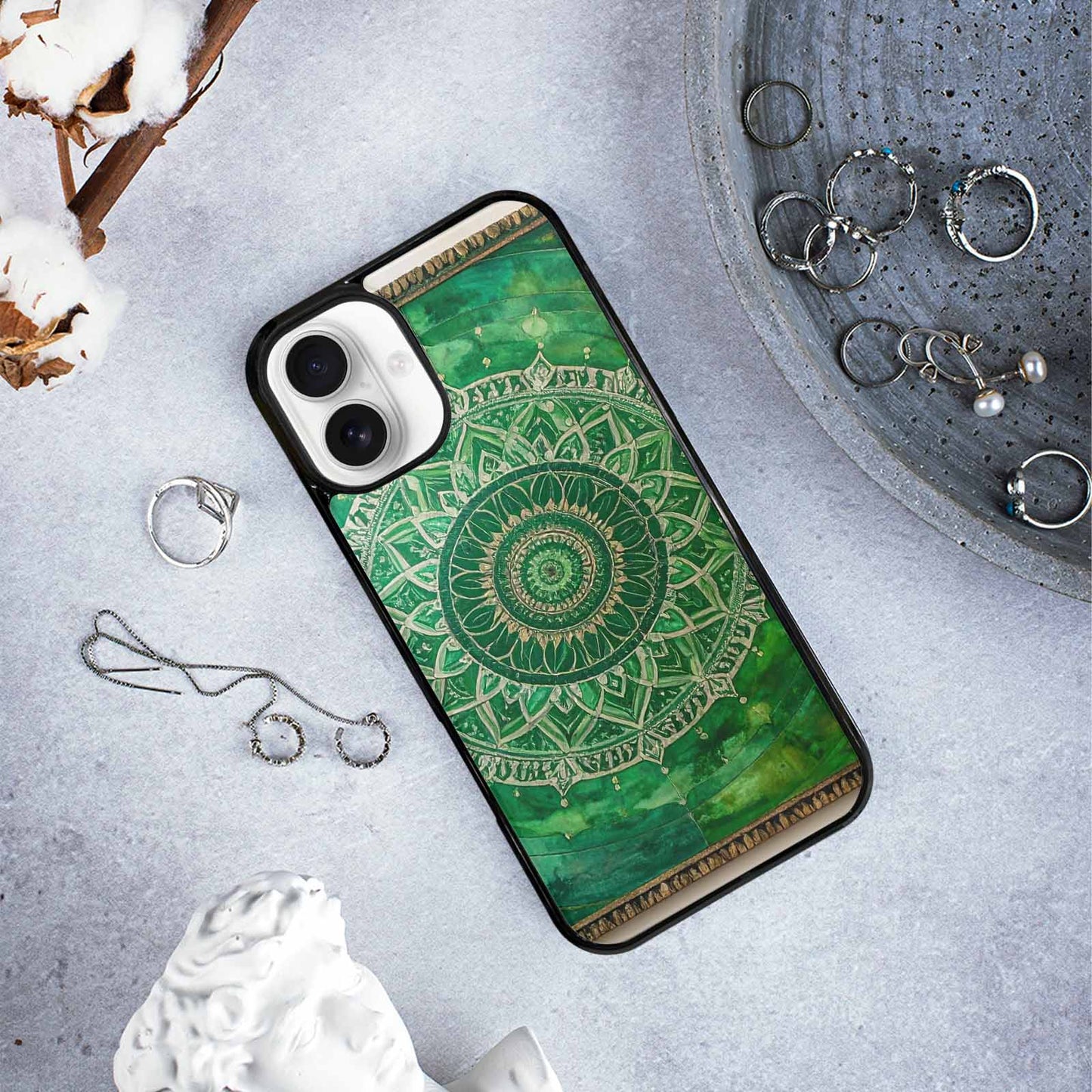 iPhone 16 Plus Case — Green Mandala Bohemian Print Edge To, Custom Made Phone Cover