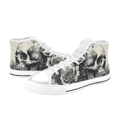 Freaky Shoes custom art sneakers with black and white skull and rose design, made to order